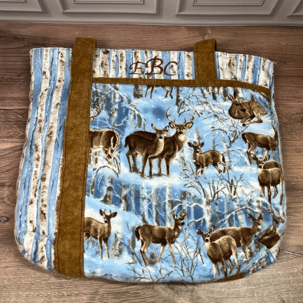 Handmade Deer Winter Forest Fleece Tote Bag Large Everyday Carry All